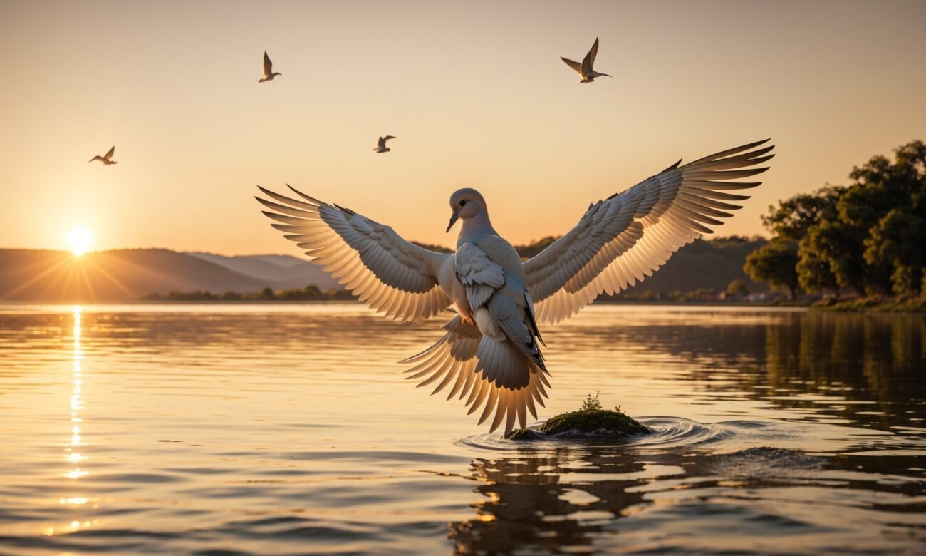 Golden Harmony: Peaceful Dove Over Calm Lake
