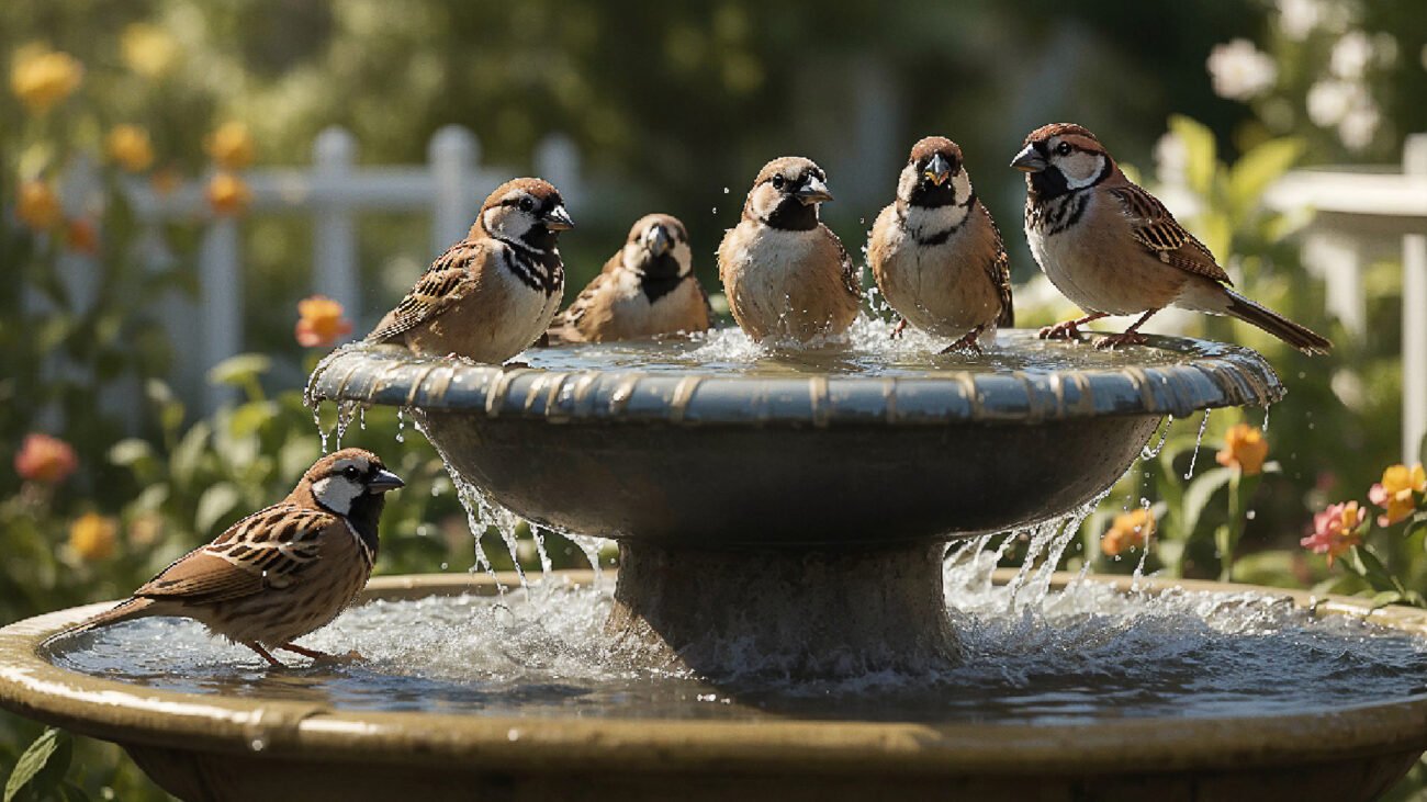 Sparrow Birdbath Garden Splash