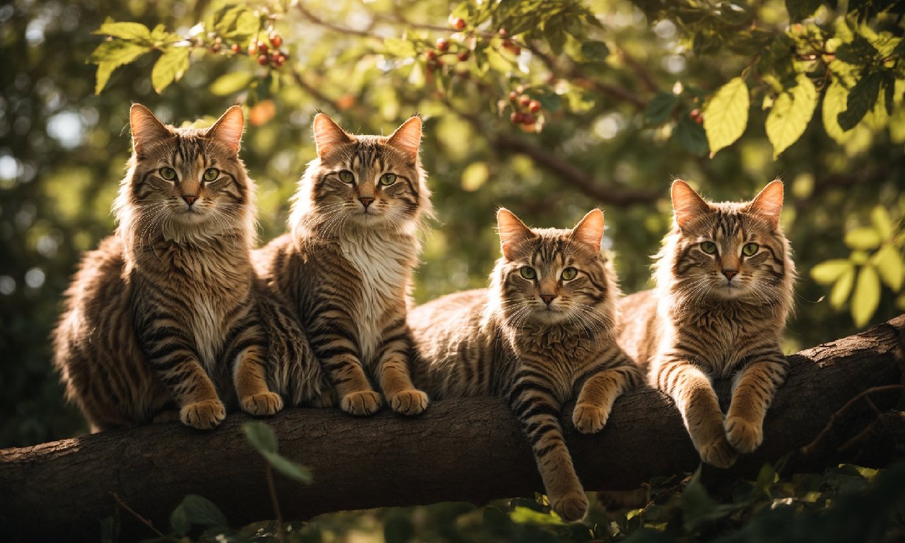 Sunlit Feline Harmony: Cats Lounging on Tree Branch